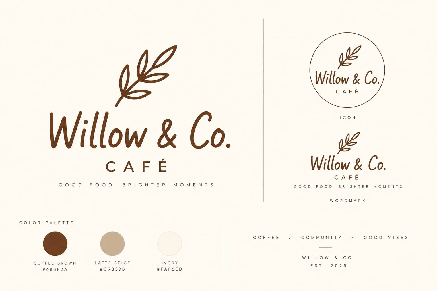 Willow and Co Cafe logo and brand identity presentation